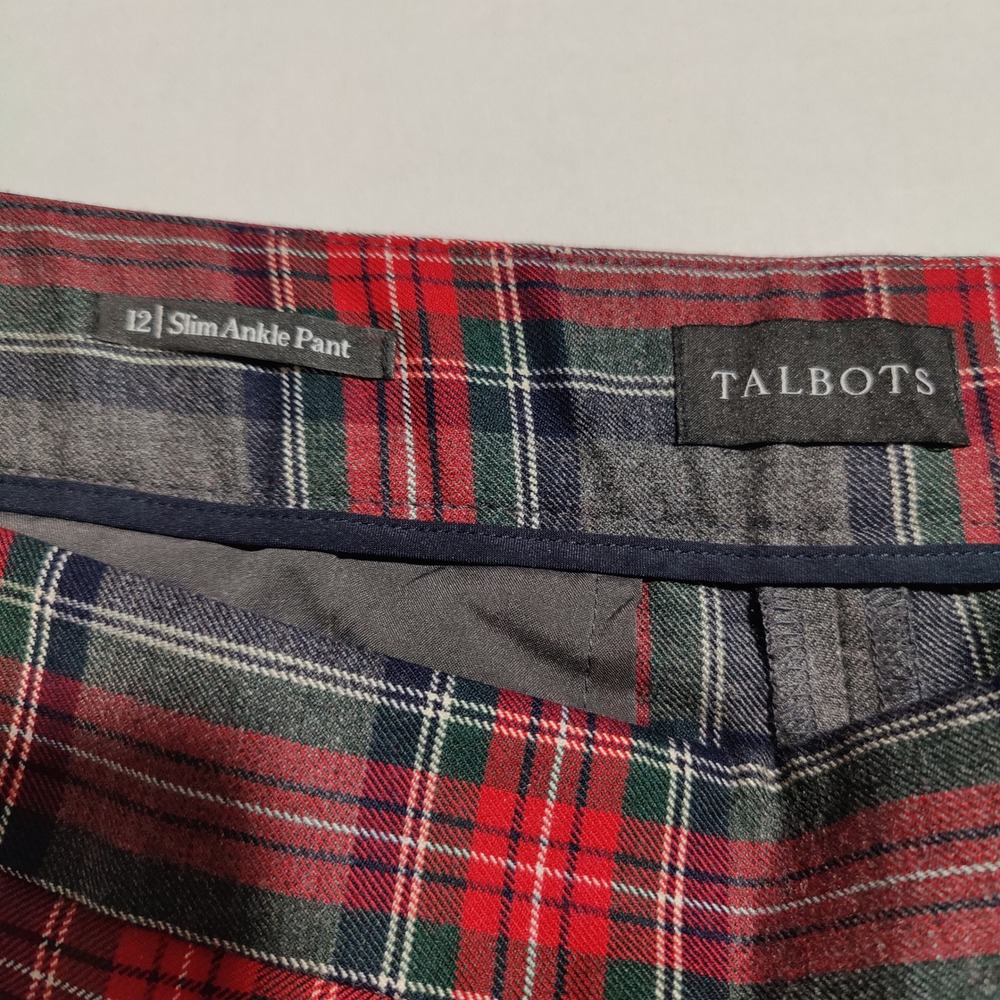 Talbots Plaid Wool Blend Slim Ankle Pants Red Grey Tartan Size 12 Side Zip - Picture 7 of 8